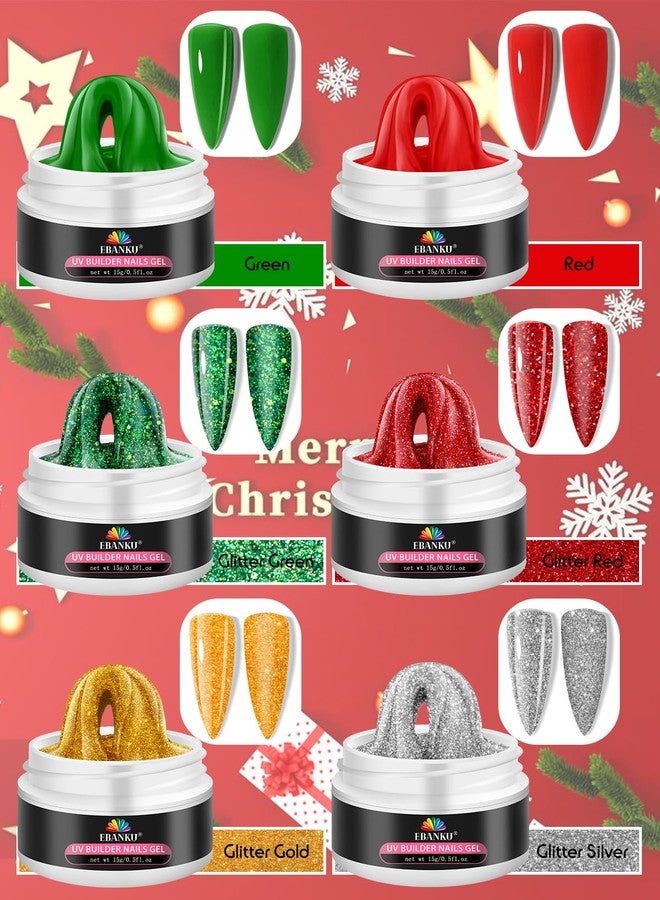 EBANKU Christmas Solid Builder Gel for Nails, 6 Colors Christmas Nail Extension Sculpture Gel for Nail, Red Green Gold Silver Glitter Non-Sticky Carving Modeling Nail Art - Image 3